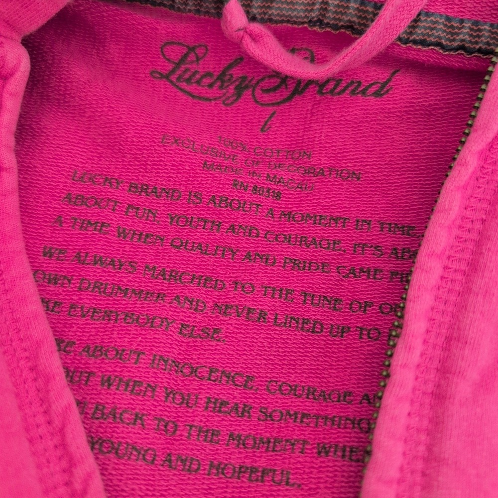 VTG Lucky Brand Pink Full‎ Zip Hoodie Peace Hand Embroidered Flower Boho Y2K  L - Picture 4 of 10